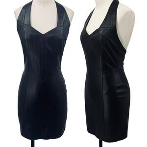 Vintage 80s 90s Leather Mini Dress Fitted Basque Waist Sweetheart Neck Black XS